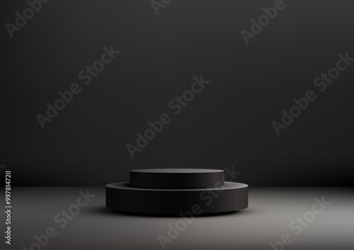 3D Black Podium for Dramatic Product Display and Mockup, Modern Minimalist Design for Showroom and Award Showcase