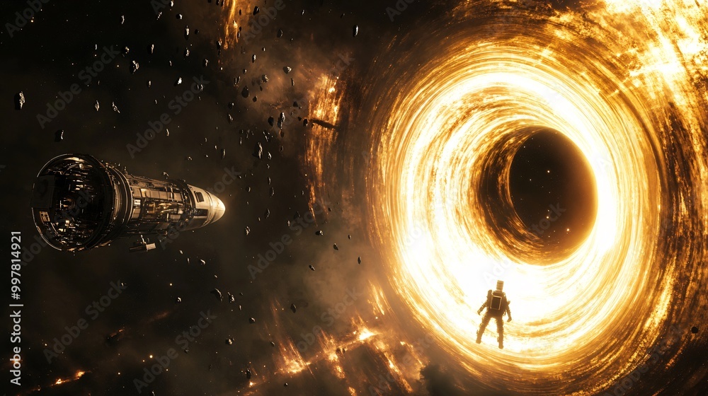 A lone astronaut floats near a massive black hole, illuminated by its bright accretion disk. A lone astronaut floats near a massive black hole, illuminated by its bright accretion disk.