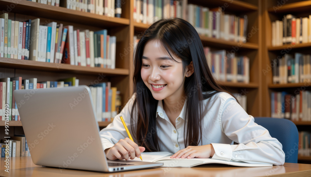 Student working on laptop, smiling in a library environment. Student working on laptop, smiling in a library environment.