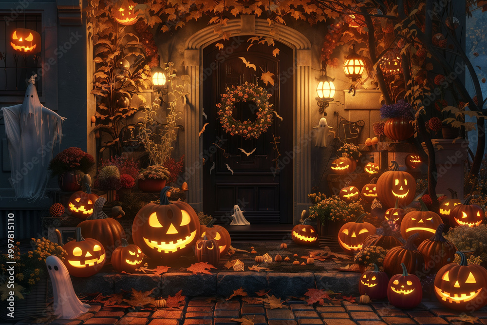 Obraz premium Quintessential Halloween Scene at a Cozy Home Entrance