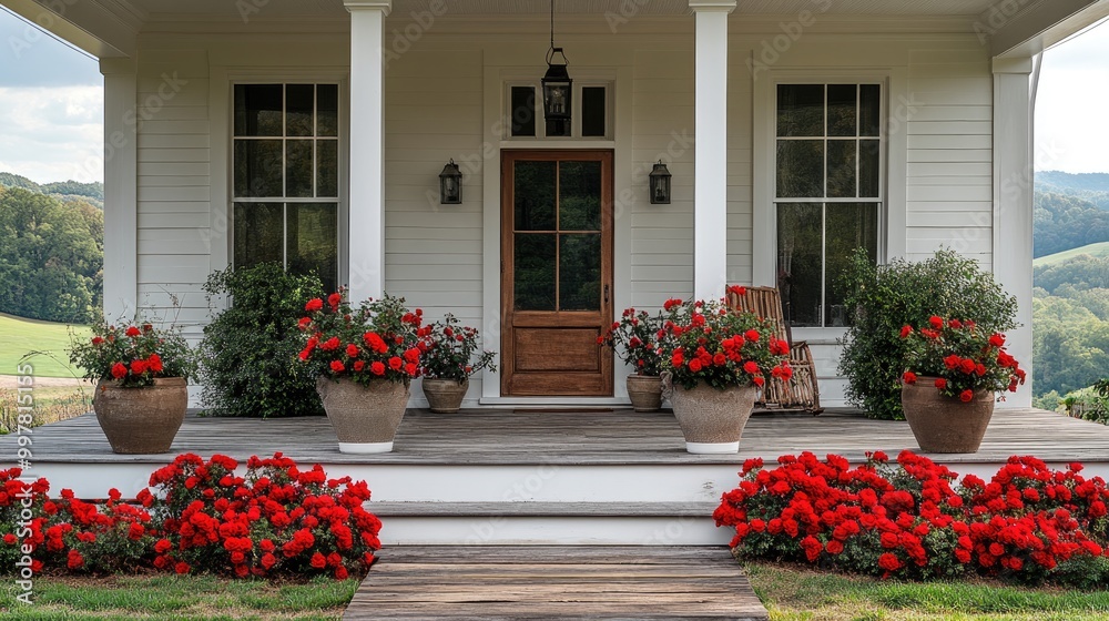 Naklejka premium Scenic view from porch with red flowers and green fields.