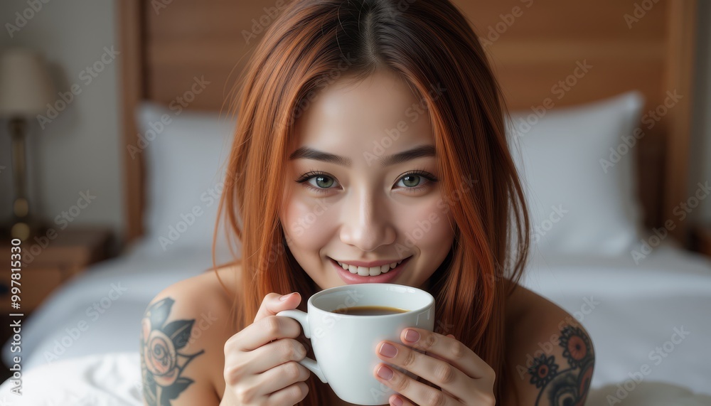 Young woman enjoying a cup of coffee in a cozy bedroom setting. Young woman enjoying a cup of coffee in a cozy bedroom setting.