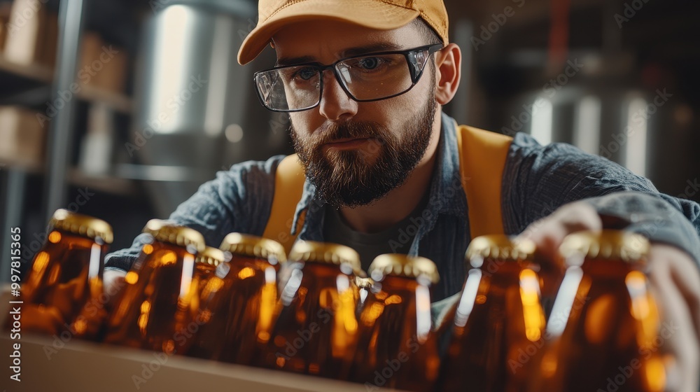 Bearded Man in a Brewery Setting, Examining Bottles of Beer Bearded Man in a Brewery Setting, Examining Bottles of Beer