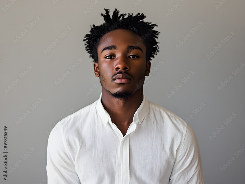 Serious Young Black Male Model Portrait in White Shirt with Styled Hair Against Neutral Background Serious Young Black Male Model Portrait in White Shirt with Styled Hair Against Neutral Background