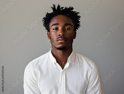 Serious Young Black Male Model Portrait in White Shirt with Styled Hair Against Neutral Background