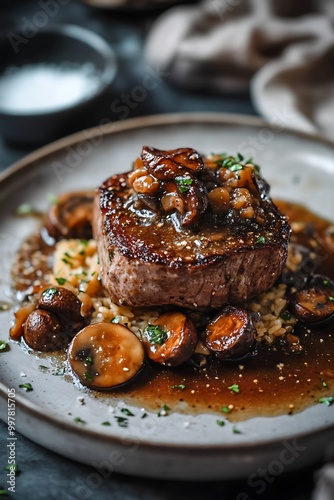 Close-up of a Delicious Steak with Mushroom Sauce and Rice.