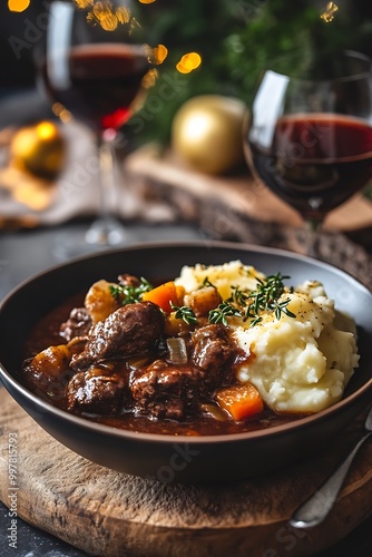 Beef Stew with Mashed Potatoes and Red Wine.