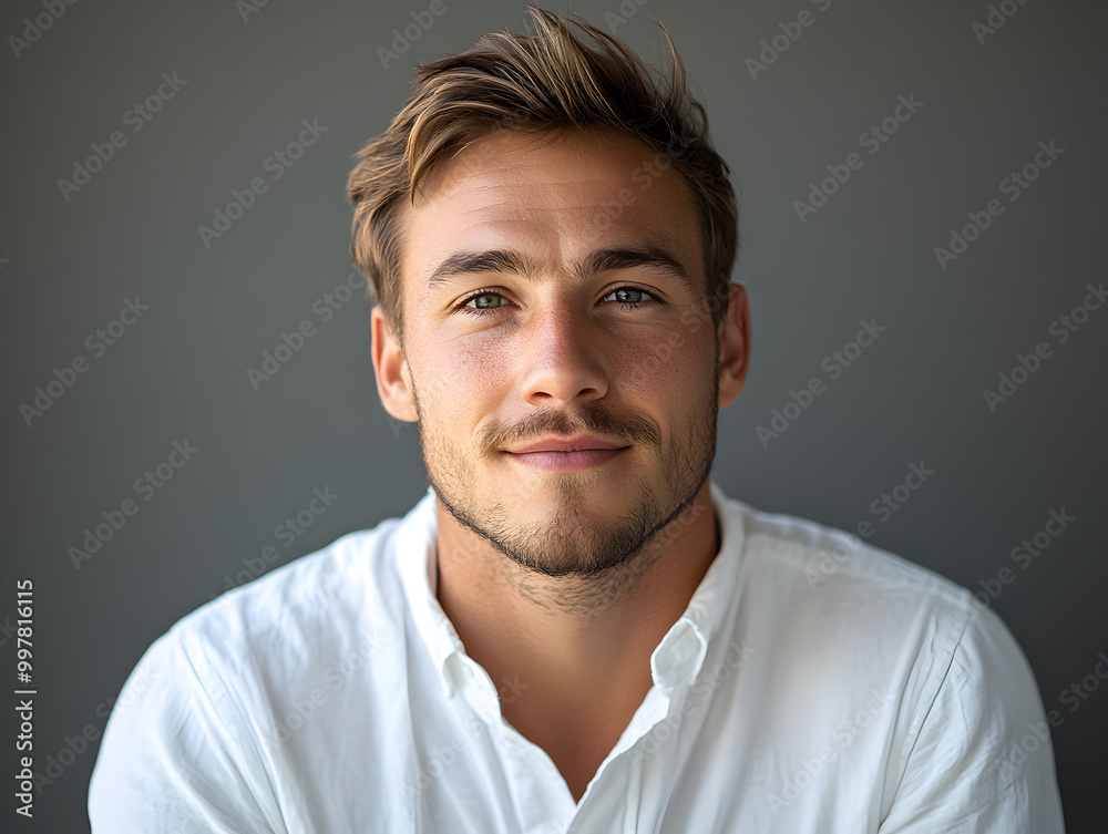 Handsome Young Man Smiling in Casual Portrait with Neutral Background Handsome Young Man Smiling in Casual Portrait with Neutral Background