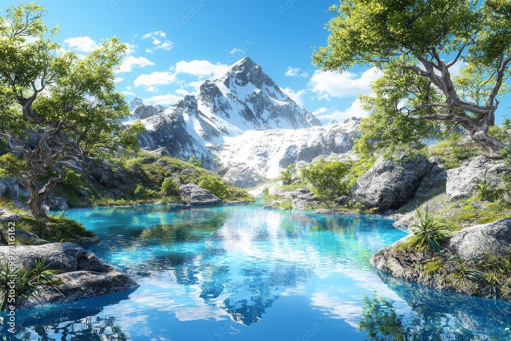 Serene mountain landscape with a crystal-clear lake and lush greenery surrounding it. Serene mountain landscape with a crystal-clear lake and lush greenery surrounding it.