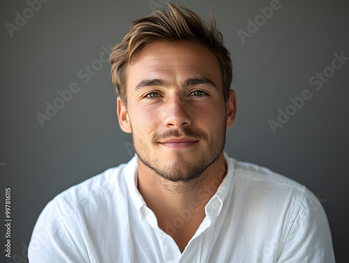 Handsome Young Man Smiling in Casual Portrait with Neutral Background