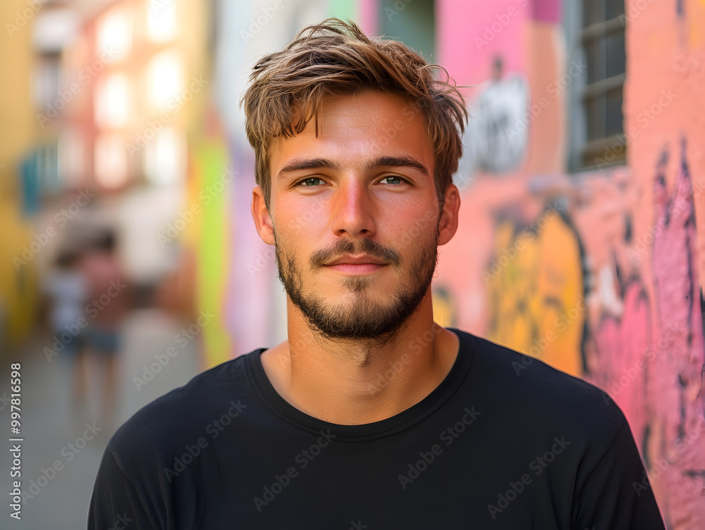 Trendy Young Man Portrait with Beard Smiling Against Colorful Urban Wall Trendy Young Man Portrait with Beard Smiling Against Colorful Urban Wall
