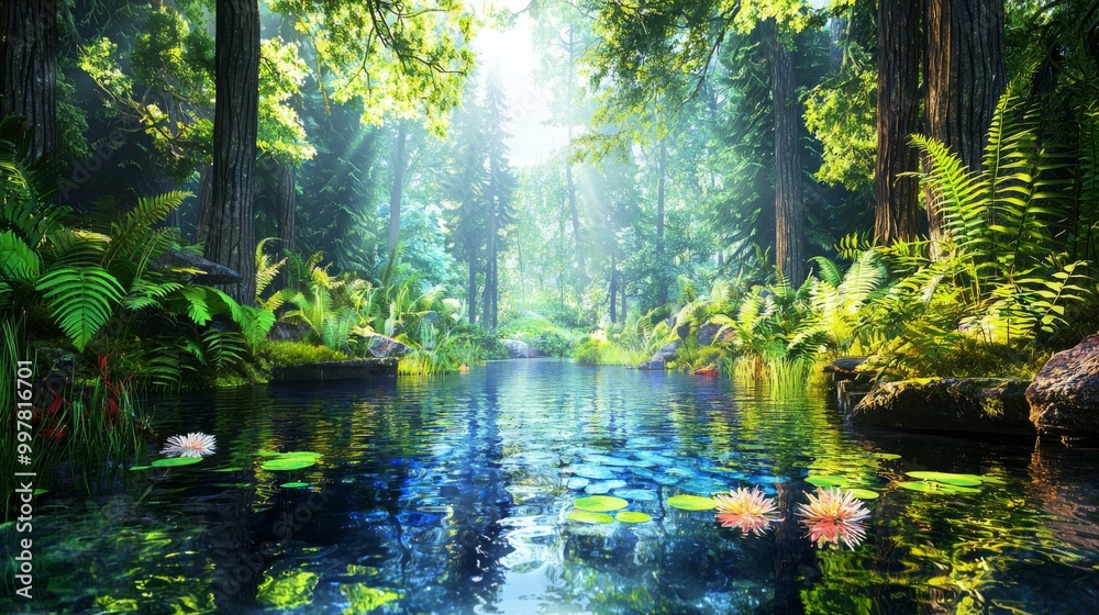 Obraz premium Tranquil forest scene with a serene pond, surrounded by lush greenery and sunlight.