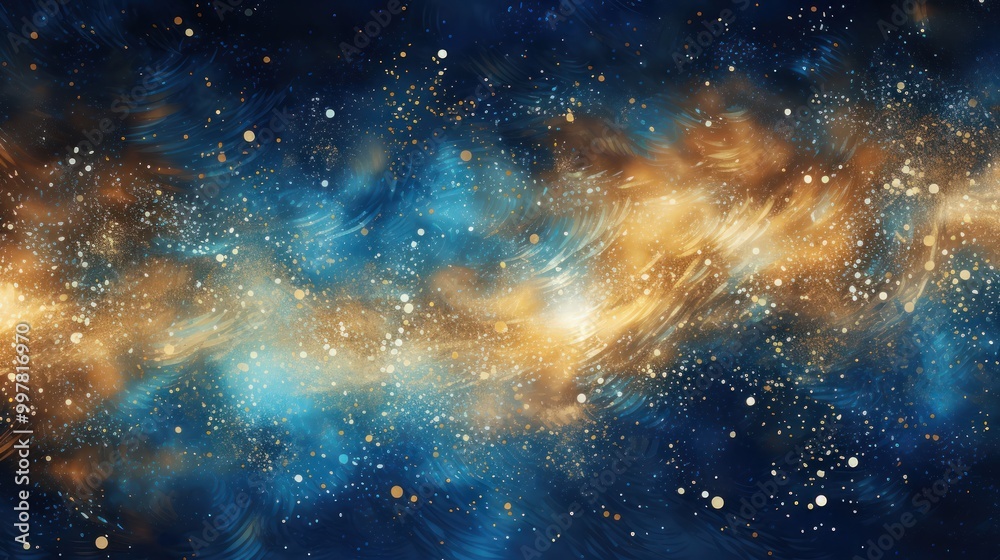 Fototapeta premium dreamy background filled with shimmering blue and gold glitter lights, softly blending into a velvety black backdrop