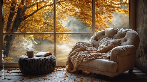 A plush armchair beside a large reading room window, an open book and a steaming mug of coffee on the side table, with a view of a tree shedding golden autumn leaves outside. photo