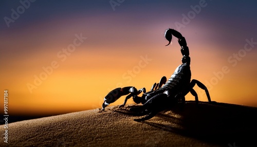 Silhouette of a scorpion with raised tail against a dramatic sunset sky, highlighting its distinct shape on desert sand. photo