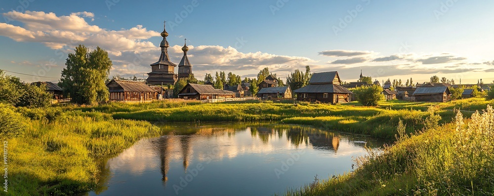 Naklejka premium A serene scene of the Golden Ring town of Suzdal, with its charming wooden houses, historic churches, and pastoral landscapes