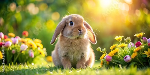 Adorable miniature Lop bunny relaxing on lush green grass, surrounded by vibrant flowers, basking in the warm sun,