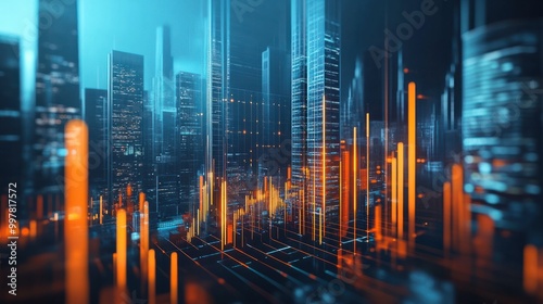 Modern urban setting. Illustrate themes of profit and development. Symbolizing economic growth and progress. a 3d bar chart inclining upward. Digital transformation, business. Modern smart city. 4K. photo