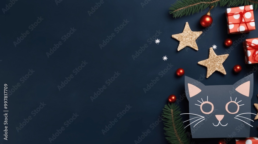 Naklejka premium Festive Cat Gift Box - Christmas Decoration Ideas.
