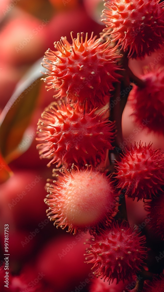 High-resolution close-up of a realistic rambutan with vibrant spiky textures High-resolution close-up of a realistic rambutan with vibrant spiky textures