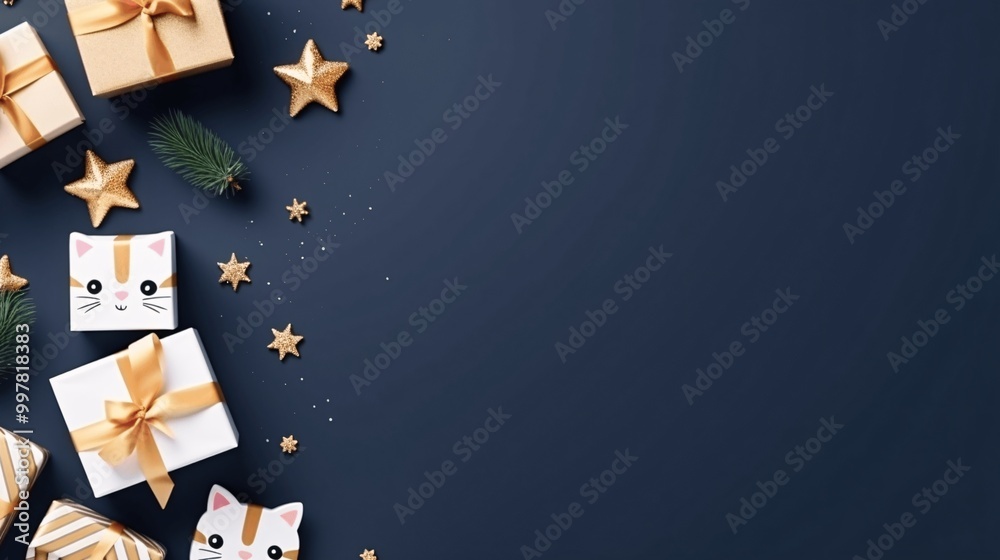 Festive Christmas Gifts with Gold Stars on Navy Background. Festive Christmas Gifts with Gold Stars on Navy Background.