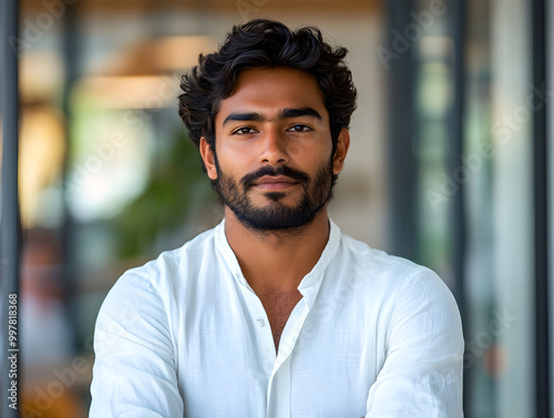 Confident Young Adult Man in Casual Fashion Smiling in Modern Bar Setting