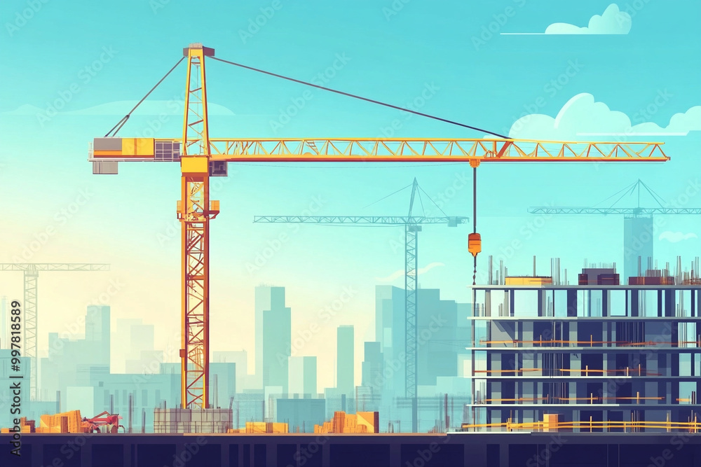 Hoisting crane, Construction at building site with crane. Hoisting crane, Construction at building site with crane.