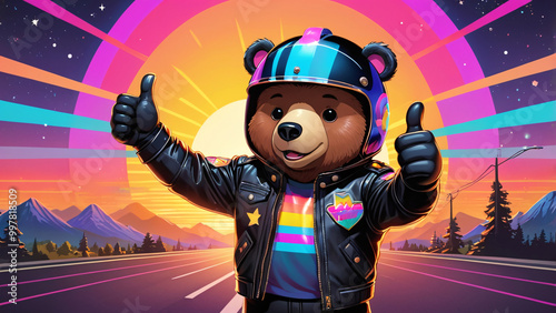 Adorable Cartoon Bear in Leather Jacket - Cute Character Design with Futuristic Background