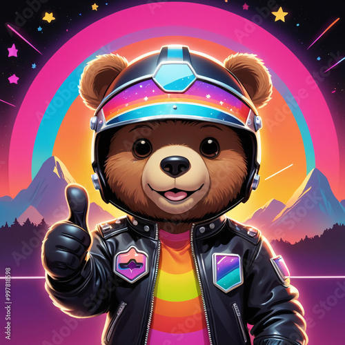 Adorable Cartoon Bear in Leather Jacket - Cute Character Design with Futuristic Background