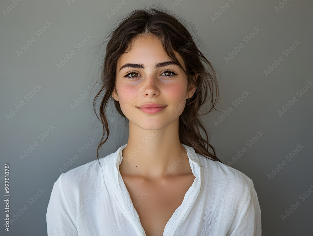 Elegant Young Woman Portrait in Casual White Shirt with Natural Smile and Soft Lighting Elegant Young Woman Portrait in Casual White Shirt with Natural Smile and Soft Lighting