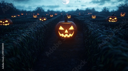 A spooky pumpkin patch illuminated by glowing jack-o'-lanterns under a moonlit sky, creating an enchanting Halloween atmosphere.