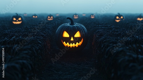 A spooky pumpkin field at dusk, with glowing jack-o'-lanterns and an eerie atmosphere, perfect for Halloween.