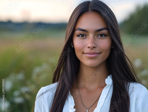 Portrait of a Smiling Young Woman in Nature with Natural Light and Vibrant Green Background