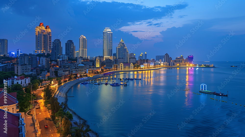 Naklejka premium Evening City Skyline at Dusk