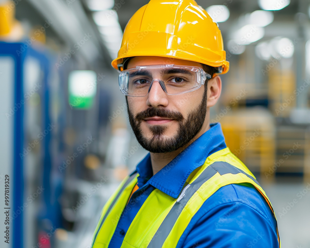 Engineer performing calibration checks in manufacturing facility, wearing yellow hard hat and safety glasses. His focused expression reflects dedication to safety and precision Engineer performing calibration checks in manufacturing facility, wearing yellow hard hat and safety glasses. His focused expression reflects dedication to safety and precision