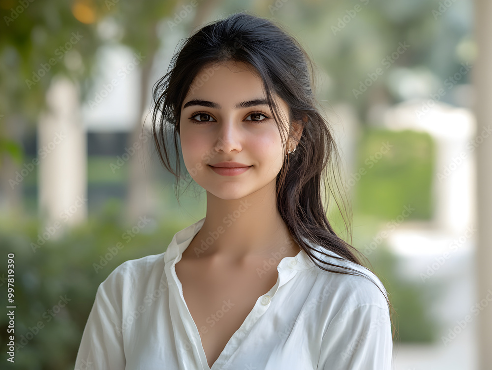 Smiling Young Woman in Natural Light Outdoor Portrait with Serene Expression and Casual Summer Style Smiling Young Woman in Natural Light Outdoor Portrait with Serene Expression and Casual Summer Style
