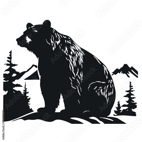 Bear on Log Silhouette – Perfect Vector for Tranquil Wilderness Themes photo