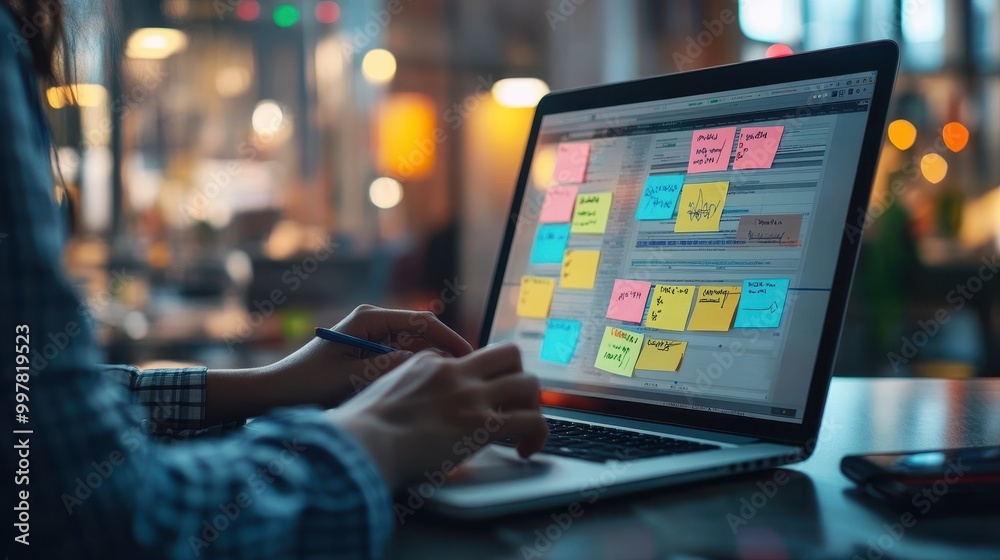 Person Working on Laptop with Sticky Notes in a Cafe