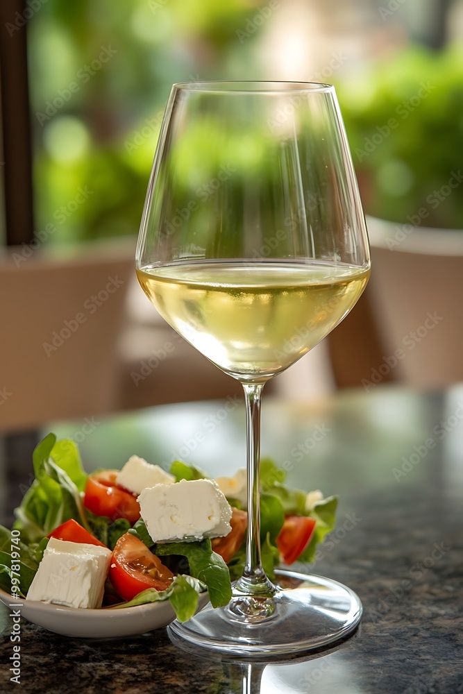Glass of White Wine with a Side of Salad. Glass of White Wine with a Side of Salad.