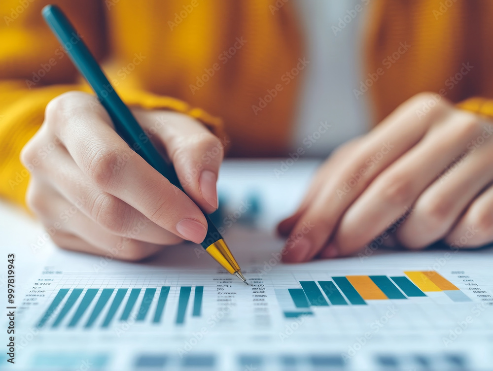 Analyzing data with pen in hand, person focuses on detailed business infographic showcasing rivalry and strategic cost planning. vibrant colors and clear graphs illustrate important insights