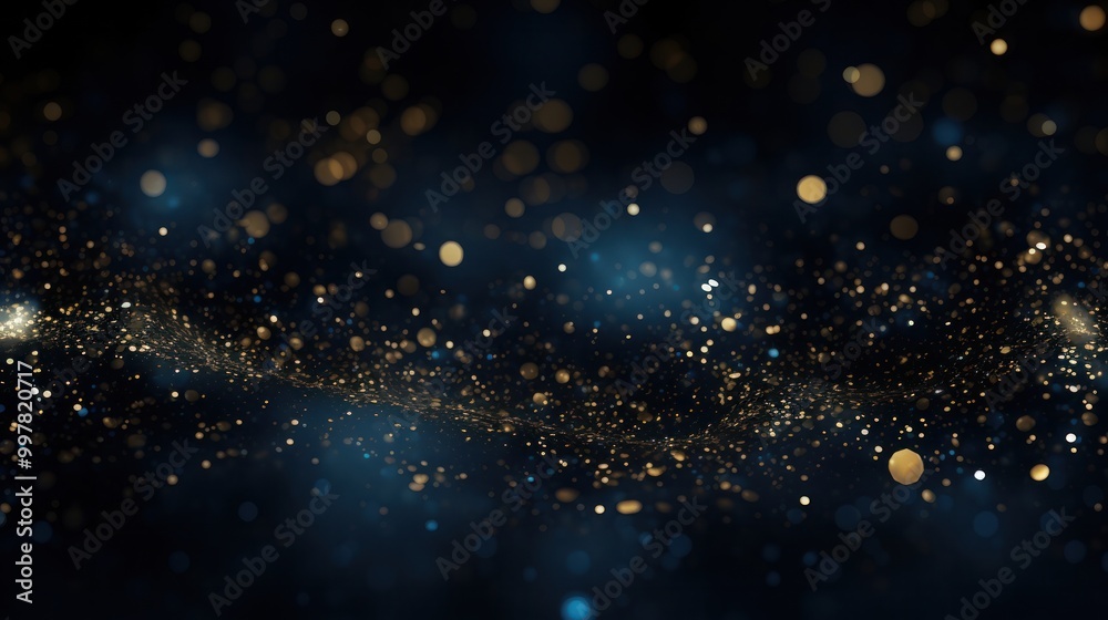 Fototapeta premium dreamy background filled with shimmering blue and gold glitter lights, softly blending into a velvety black backdrop
