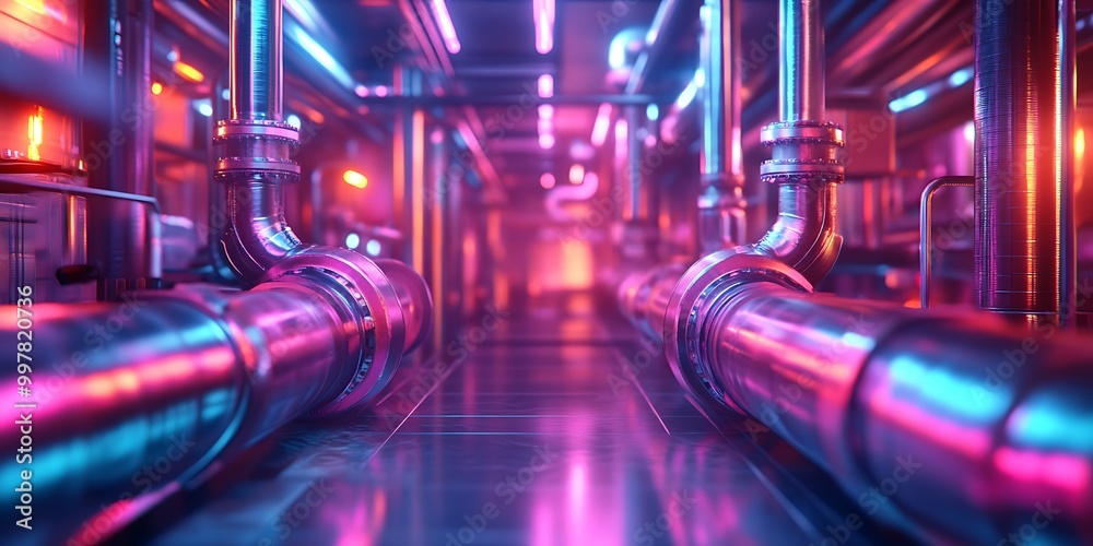 Fototapeta premium Futuristic industrial pipes with neon lighting.
