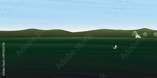 Minimalist glass fields landscape with mountain ranges, country house and a woman sitting in bench with her dog flat design graphic illustration.