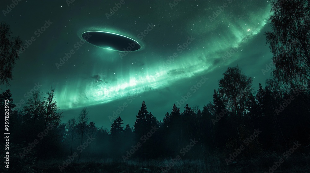 A mysterious, dark, disc-shaped UFO hovers over a dense forest at night with a green aurora borealis in the sky. A mysterious, dark, disc-shaped UFO hovers over a dense forest at night with a green aurora borealis in the sky.