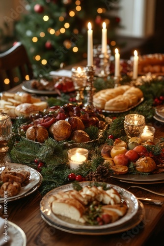 A Christmas feast table setting with roasted turkey, bread, fruit, and candles.