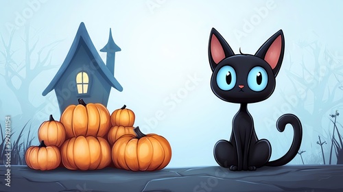 Black cat sitting on a stack of pumpkins next to a haunted house