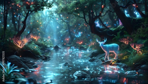 Enchanting bioluminescent forest illuminated by ethereal glow, showcasing natures magical brilliance and wonder photo