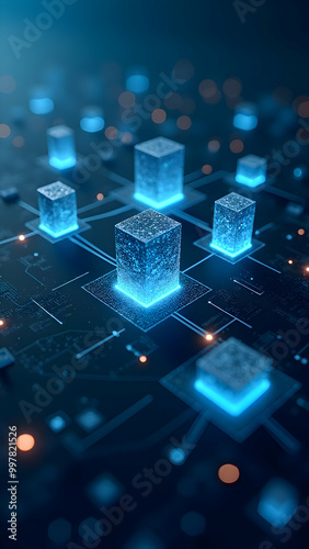 Futuristic Digital Grid with Glowing Blue Cubes, Blockchain and Data Concept