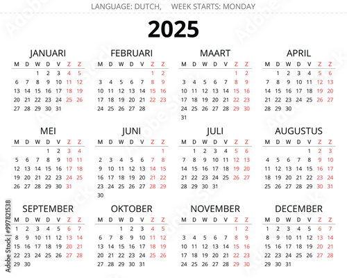 2025 dutch calendar. Printable, editable vector illustration for Dutch. 12 months kalender