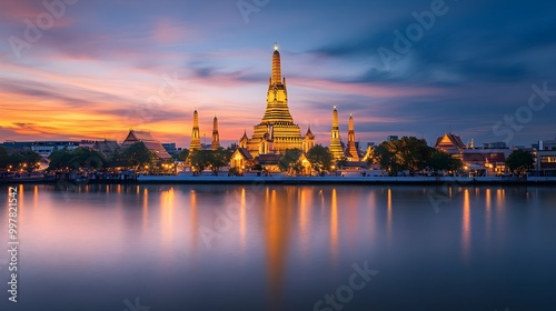 Wat Arun Temple at Sunset with Reflections in the Chao Phraya River, Bangkok, Thailand